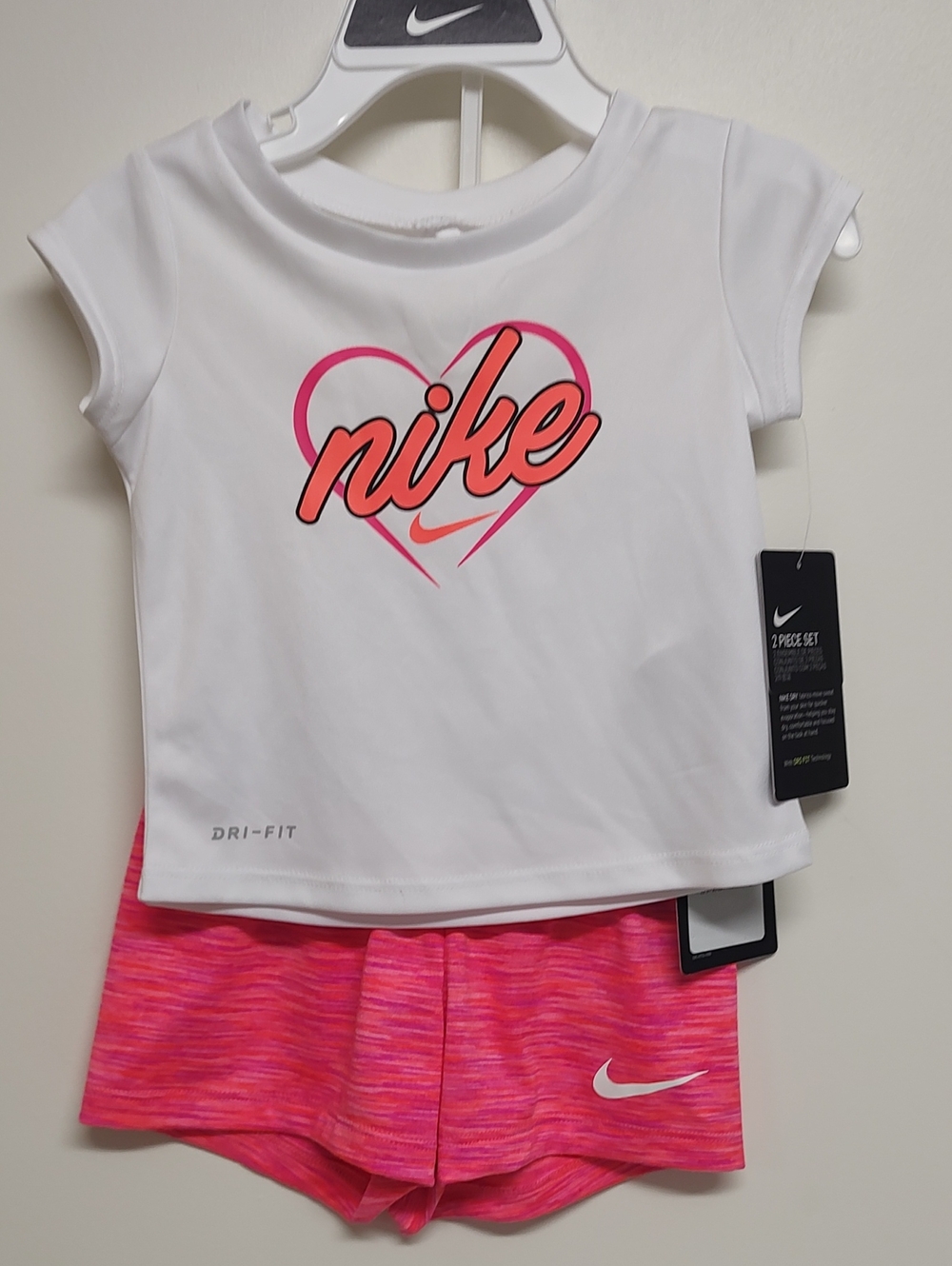 Nike White Top with Pink & Coral Heart Logo and Pink Space-Dye Shorts Set